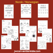 Load image into Gallery viewer, Norwegian / Norsk  Barn Bibelsk ABC 123 & FARGER arbeidsark/-bok for barn i alderen 2-6