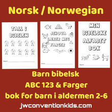 Load image into Gallery viewer, Norwegian / Norsk  Barn Bibelsk ABC 123 & FARGER arbeidsark/-bok for barn i alderen 2-6