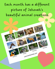 Load image into Gallery viewer, 2026 Wall Calendar JW Printable Monthly Animals with Bible Reading Schedule and Yeartext Homeschool Gift Digital Download includes A4 and Letter size PDF Monday to Sunday