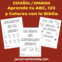 Load image into Gallery viewer, SPANISH 2-6 años Bible ABC 123 Colors notebook PDF