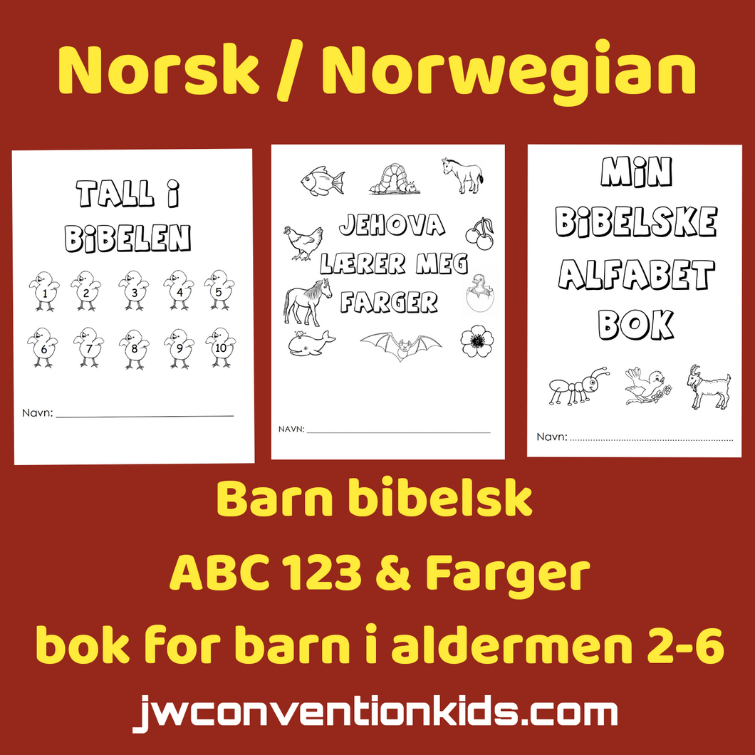 Norwegian / Norsk  Barn Bibelsk ABC 123 & FARGER arbeidsark/-bok for barn i alderen 2-6