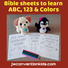 Load image into Gallery viewer, 2-6yo Bible ABC 123 &amp; COLORS worksheets PDF